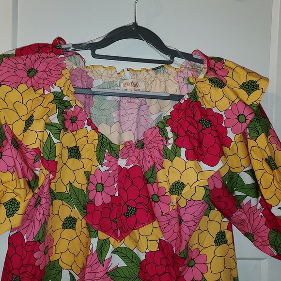 Listicle Pink and Yellow Floral On or  Off the Shoulder Short Sleeve Top Large - Picture 4 of 6